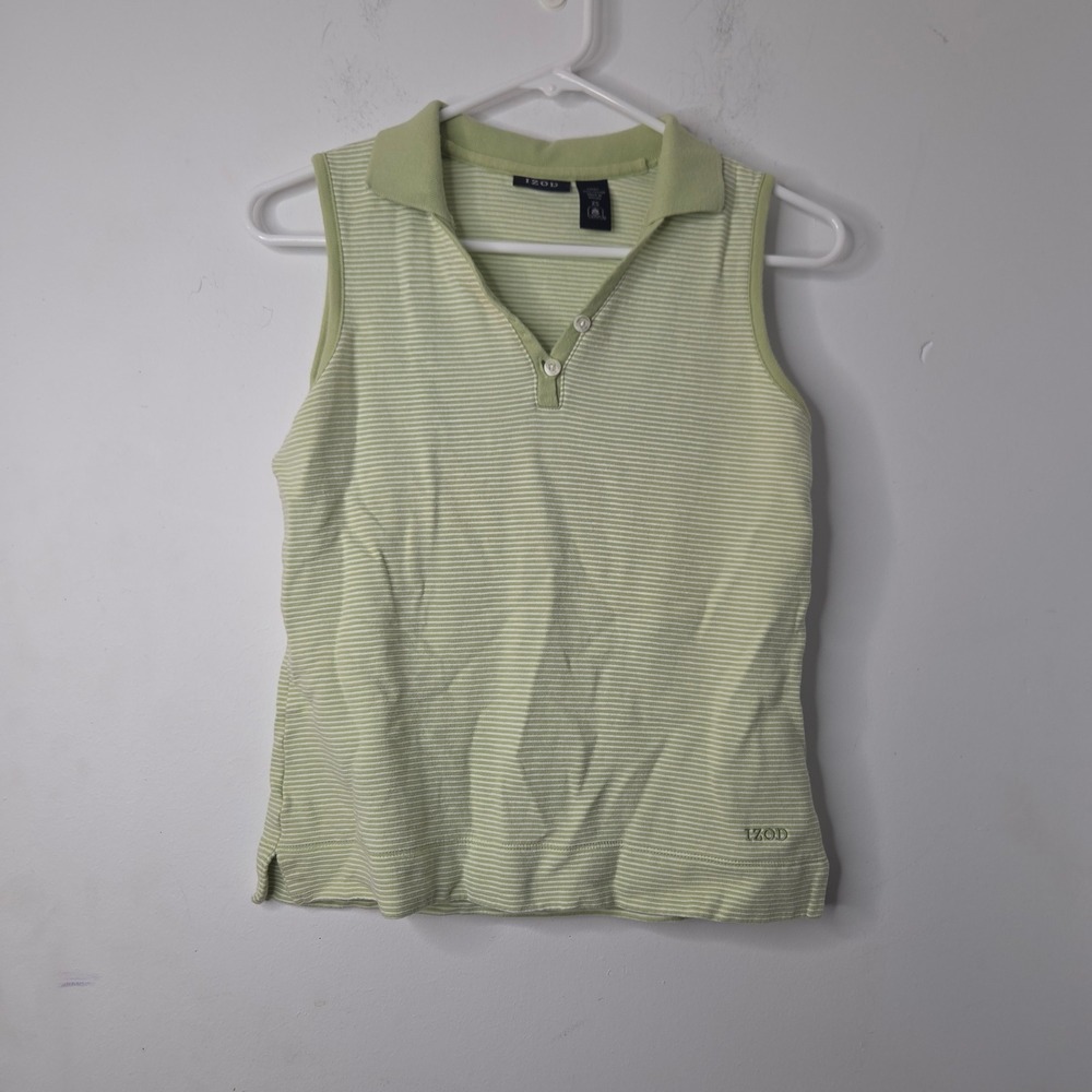 IZOD Womens Sleeveless Polo Shirt Lime Green White Striped Cotton Top XS